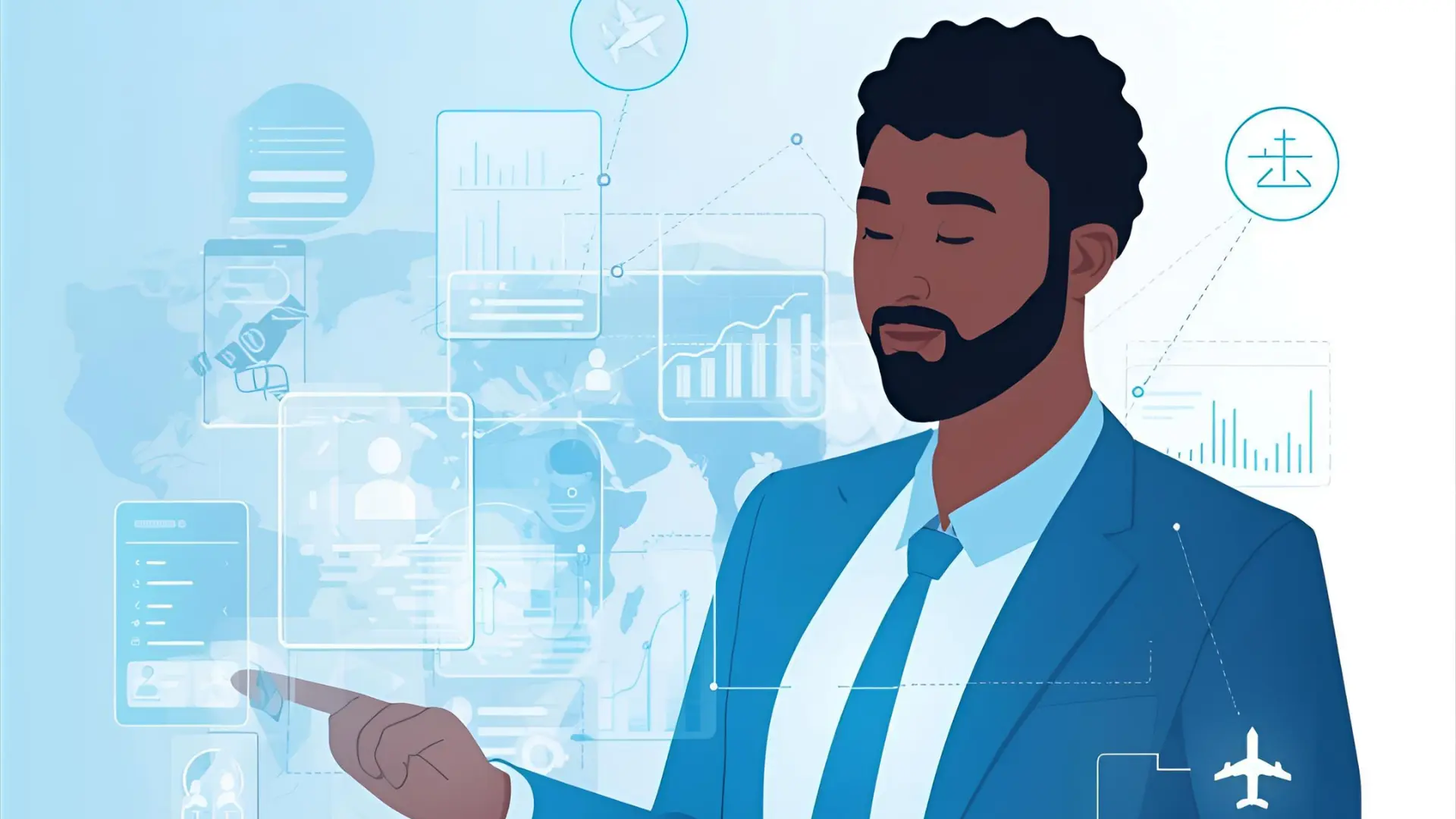 “Illustration of a Kenyan professional surrounded by glowing travel and expense icons connected by AI data lines, symbolizing automation and financial transparency, with no visible text.