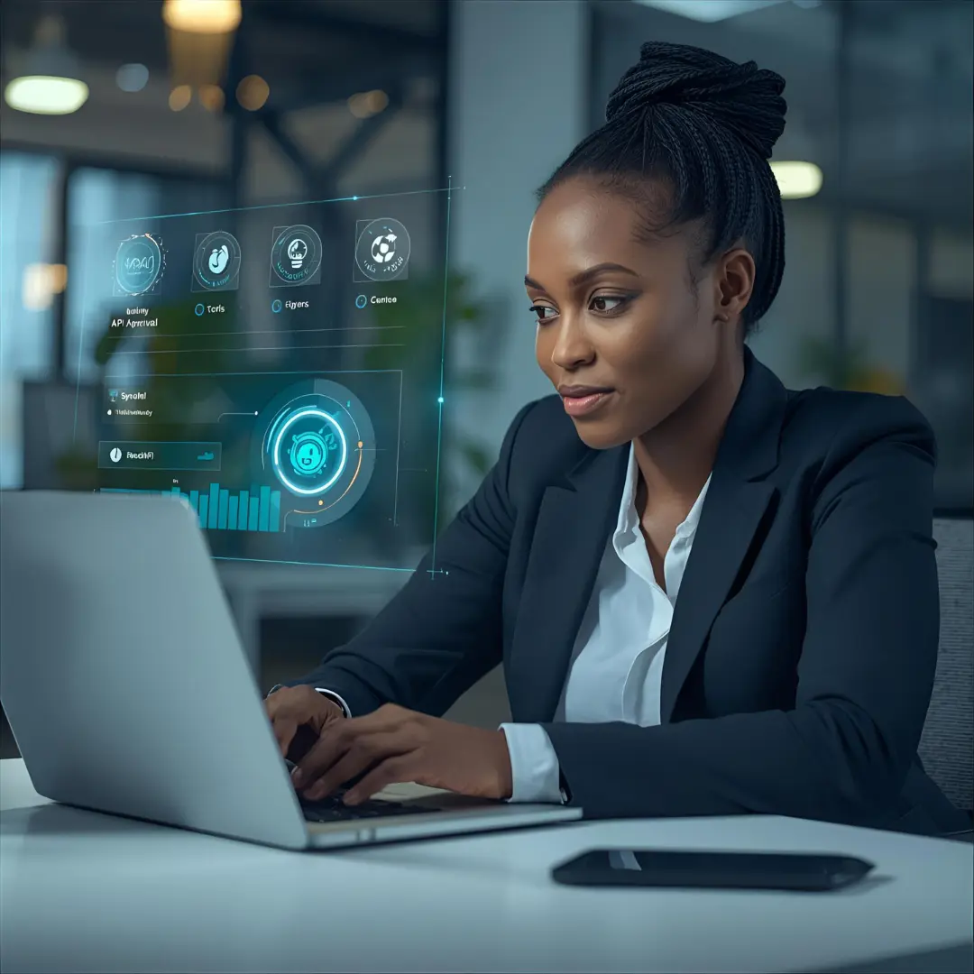 Kenyan HR professional reviewing employee appraisal insights on a laptop with AI-powered highlights and analytics visualization.