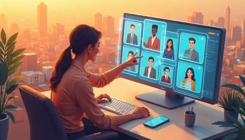 Illustration showing an HR professional using AI-powered recruitment software in Kenya to analyze resumes and identify top candidates, featuring holographic data visuals and diverse professionals connected through digital technology.