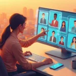 Illustration showing an HR professional using AI-powered recruitment software in Kenya to analyze resumes and identify top candidates, featuring holographic data visuals and diverse professionals connected through digital technology.