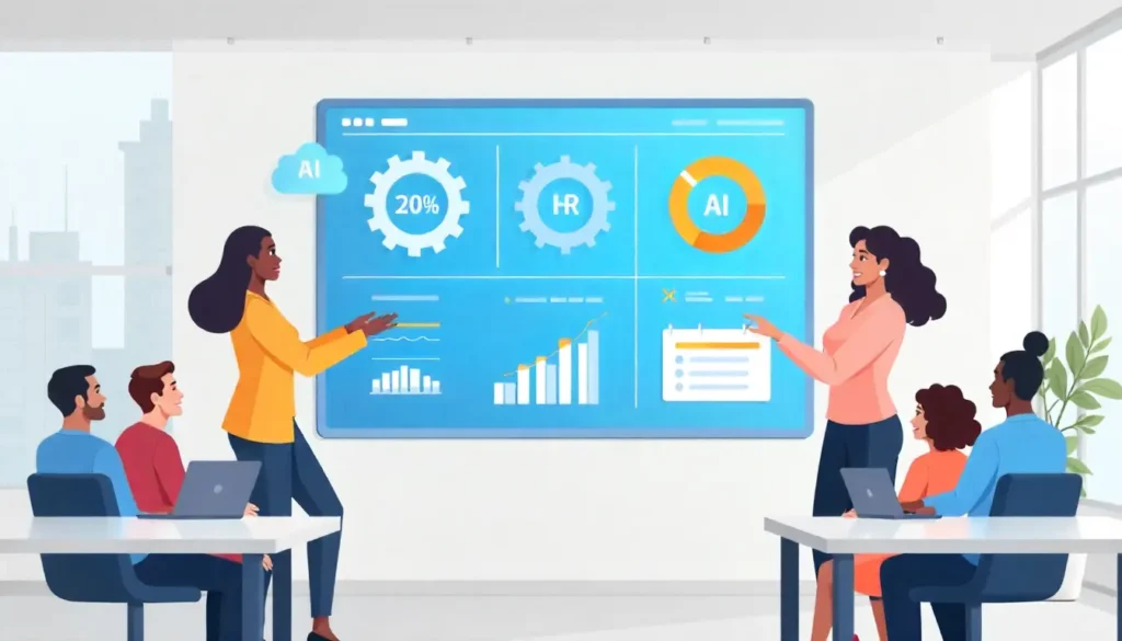 A modern vector illustration showing a diverse group of office employees in a Kenyan workplace interacting with a large digital dashboard or tablet that displays HR analytics, calendars, and AI icons.