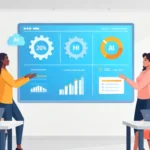 A modern vector illustration showing a diverse group of office employees in a Kenyan workplace interacting with a large digital dashboard or tablet that displays HR analytics, calendars, and AI icons.