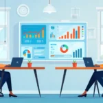 Modern flat-style illustration of a Kenyan office environment showing HR management powered by AI. Include diverse professionals interacting with digital dashboards, payroll charts, performance analytics, and employee data on screens. Emphasize innovation, technology, and collaboration. Bright, clean colors, professional and engaging, suitable for a blog featured image on HR software in Kenya