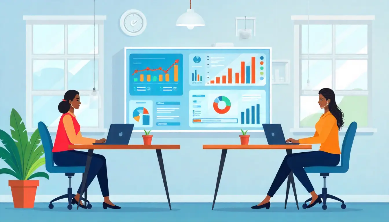 Modern flat-style illustration of a Kenyan office environment showing HR management powered by AI. Include diverse professionals interacting with digital dashboards, payroll charts, performance analytics, and employee data on screens. Emphasize innovation, technology, and collaboration. Bright, clean colors, professional and engaging, suitable for a blog featured image on HR software in Kenya